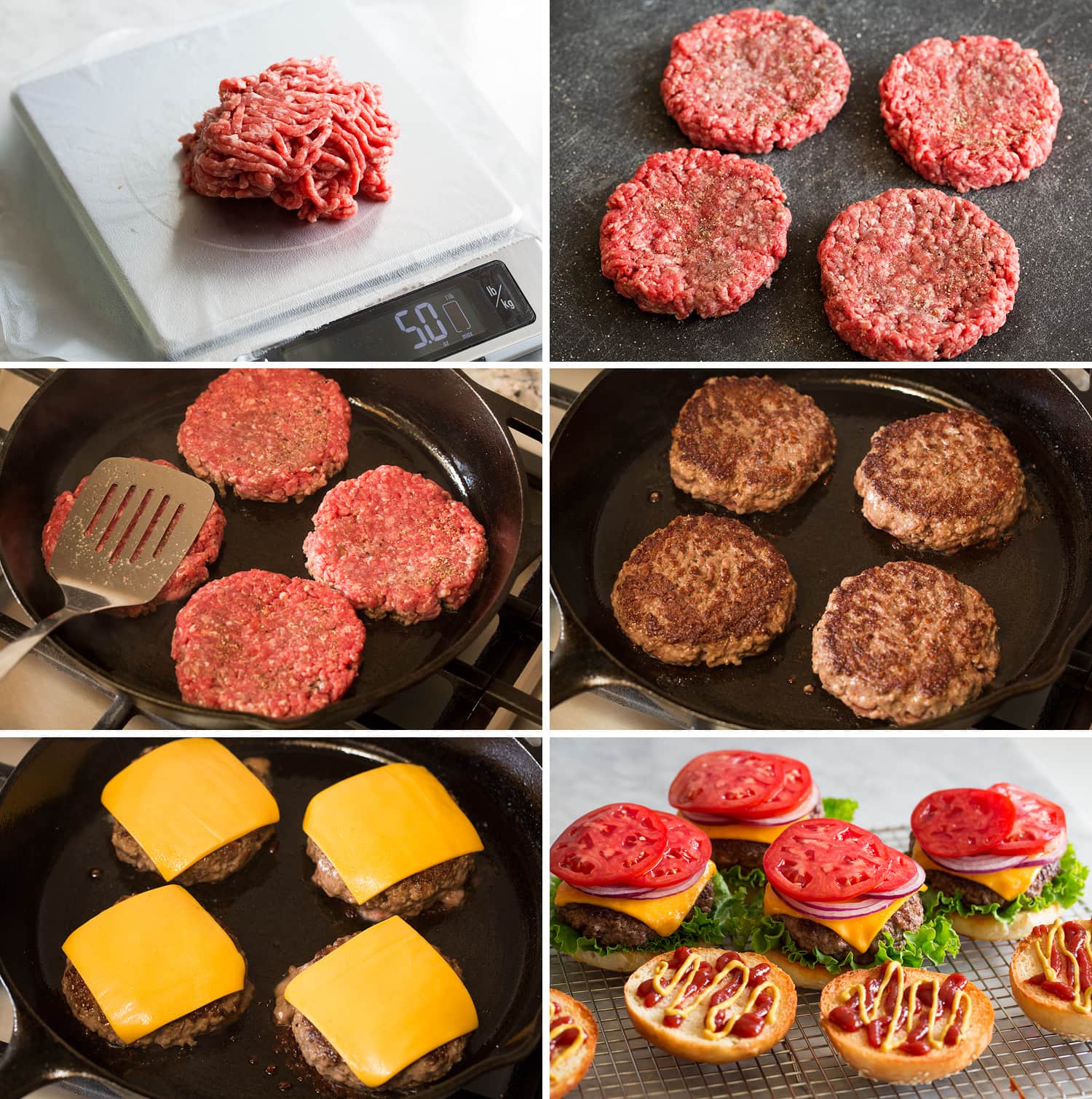 Shaping hamburger patties, cooking on stove, then assembling with bun and toppings.